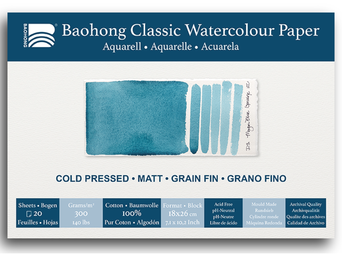 BAOHONG AQUARELLPAPIER CLASSIC BLOCK 18X26CM MEDIUM 20 BLATT 1