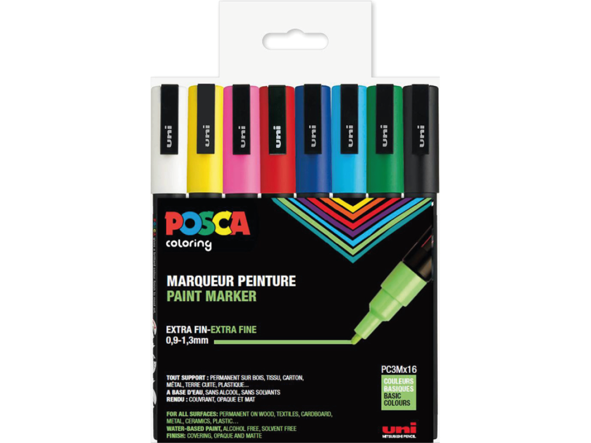 UNI POSCA MARKERSET FINE PC3M BASIC COLOURS 16X 1