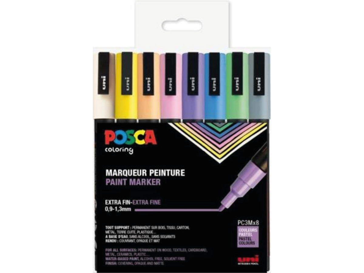 UNI POSCA MARKERSET FINE PC3M PASTEL COLOURS 8X 1