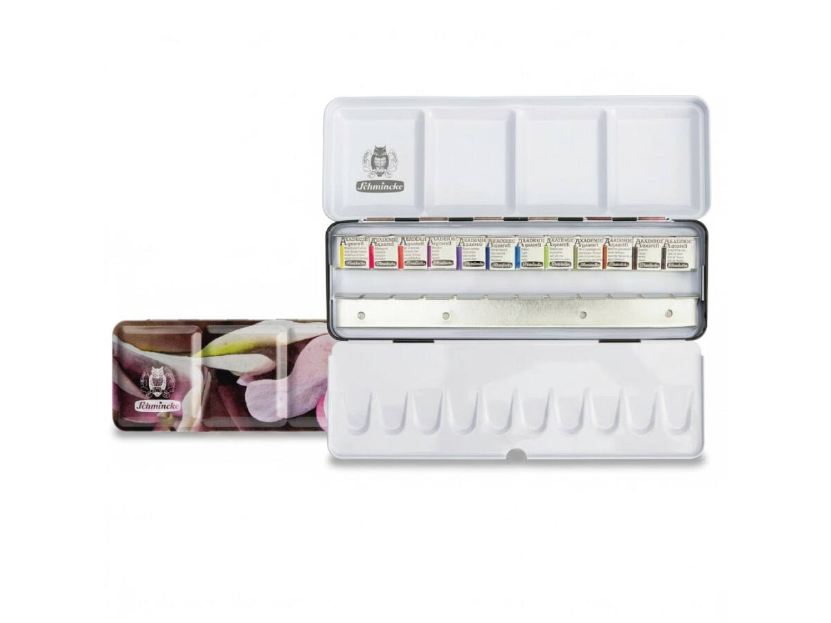 SCHMINCKE AKADEMIE AQUARELLFARBEN HYDRANGEA-KASTEN 12X1/2 NÄPFCHEN + 12 × LEER 1