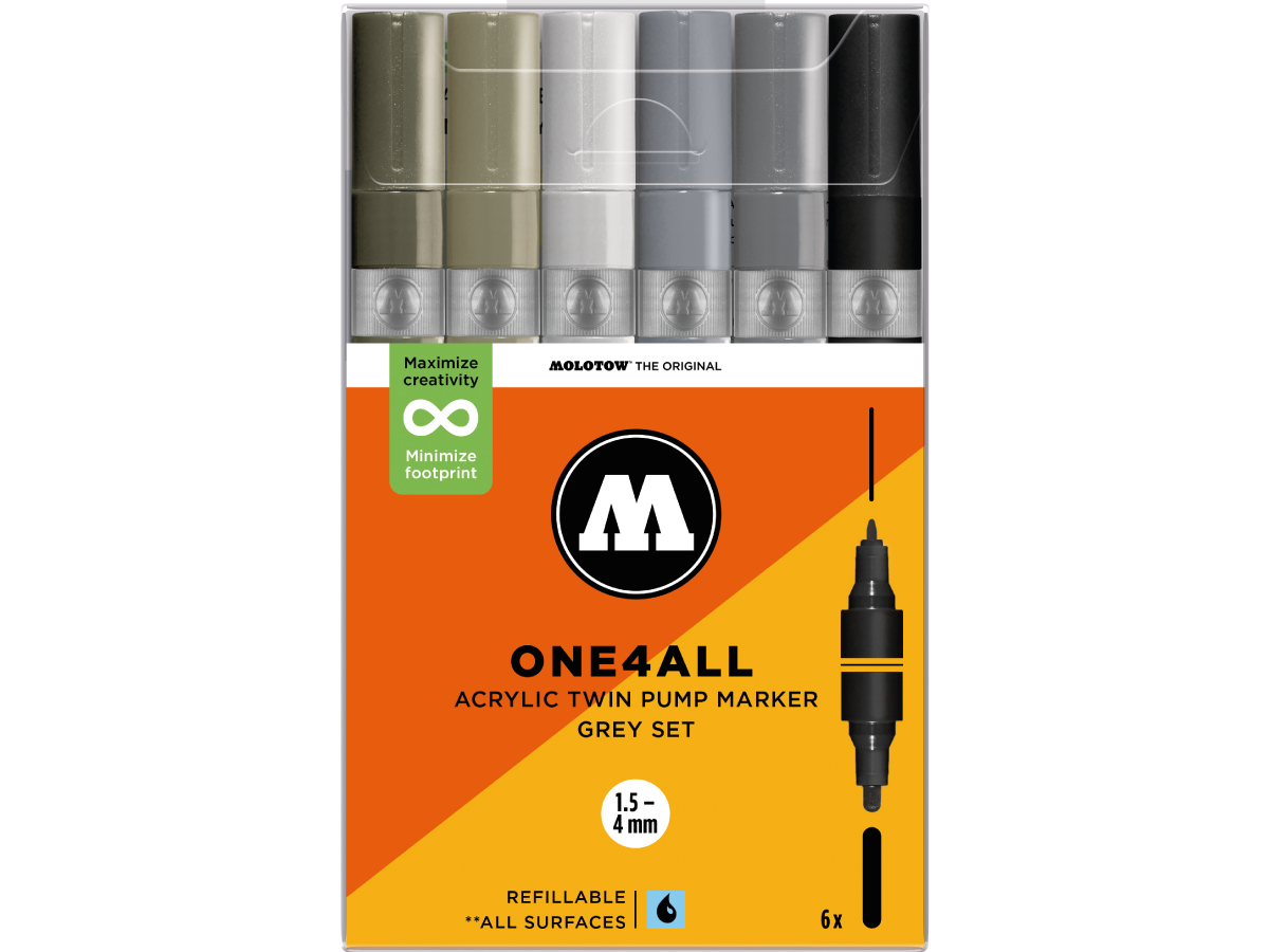 MOLOTOW ONE4ALL MARKERSET TWIN 1,5+4MM GREY 6X 1