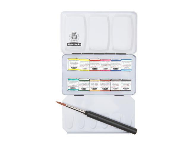 SCHMINCKE HORADAM AQUARELLBOX 12X 1/2 NAPF + REISPINSEL 1