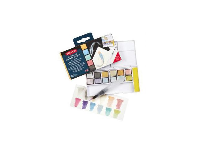 DERWENT METALLIC AQUARELL REISE-SET 1 12 NÄPFCHEN + WASSERTANKPINSEL 1