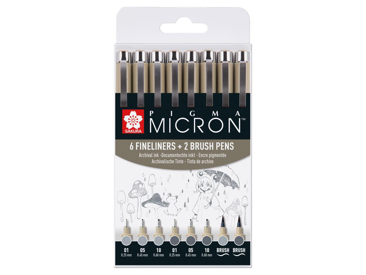 SAKURA PIGMA MICRON FINELINER & BRUSH SET 8 STÜCK GRAU 1