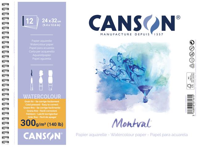 CANSON MONTVAL SPIRALBLOCK AQUARELLPAPIER 300G/M² 24x32 12 BLATT 1