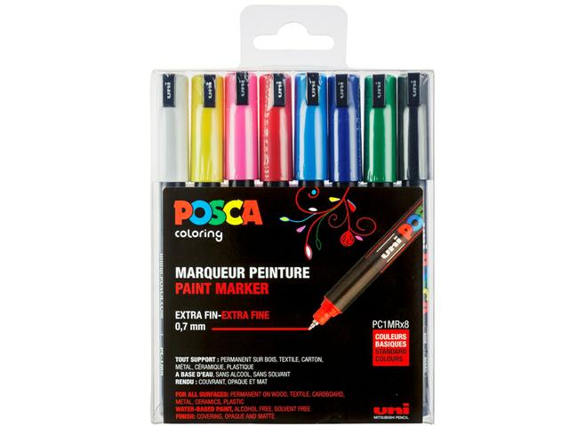 UNI POSCA MARKERSET EXTRA-FINE PC1MR STANDARD COLOURS 8X 1