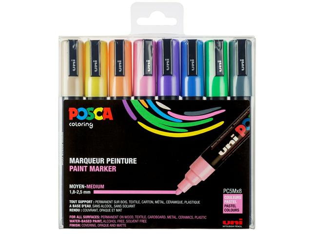 UNI POSCA MARKERSET 8X PC5M 8A MIT VERSCHIEDENEN PASTELLFARBEN 1