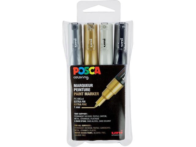 UNI POSCA MARKER SET PC1MC 4 STÜCK WEISS SCHWARZ SILBER GOLD 1
