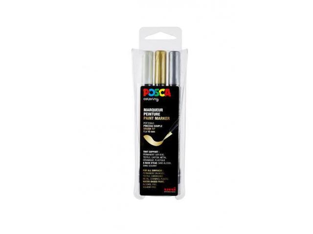UNI POSCA MARKER SET BRUSH PCF350 3 STÜCK GOLD SILBER WEISS 1