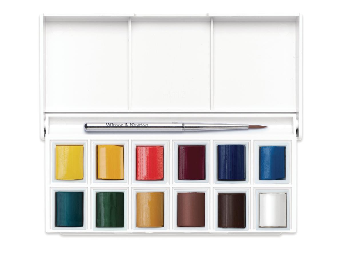 WINSOR & NEWTON COTMAN AQUARELL TASCHENSET BOX 12X 1/2NAPF + PINSEL 5
