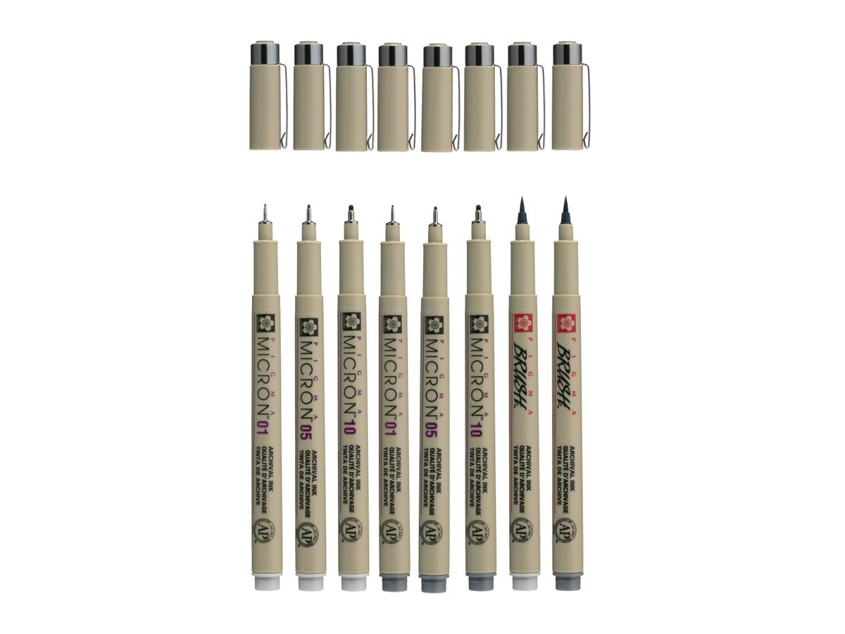 SAKURA PIGMA MICRON FINELINER & BRUSH SET 8 STÜCK GRAU 2