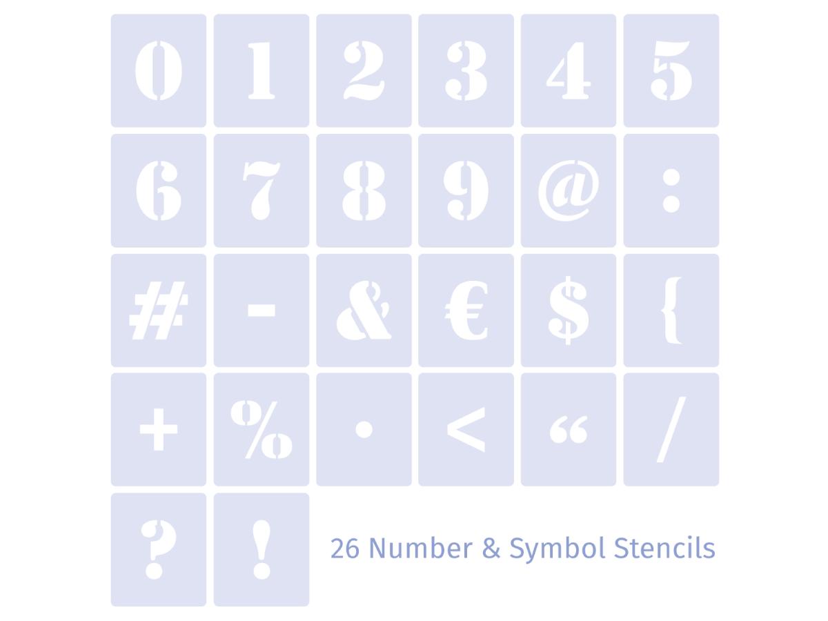 QBIX SCHABLONEN SET ZAHLEN & INTERPUNKTION 26 STÜCK 5CM SERIF 2