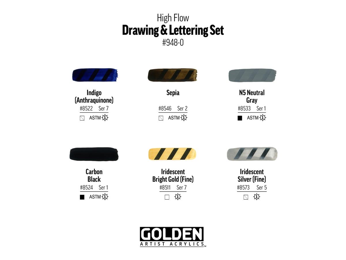 GOLDEN ACRYL HIGH FLOW DRAWING & LETTERING SET 6X 30ML 3
