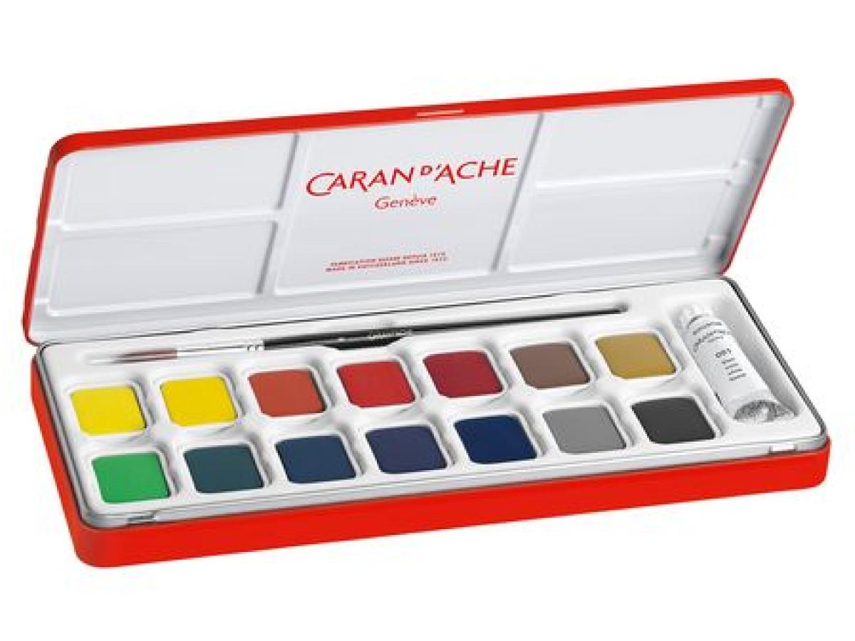 CARAN D'ACHE GOUACHE SET 14 FARBEN MIT TUBE WEISS UND PINSEL 4