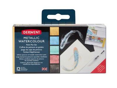 DERWENT METALLIC AQUARELL REISE-SET 1 12 NÄPFCHEN + WASSERTANKPINSEL 4