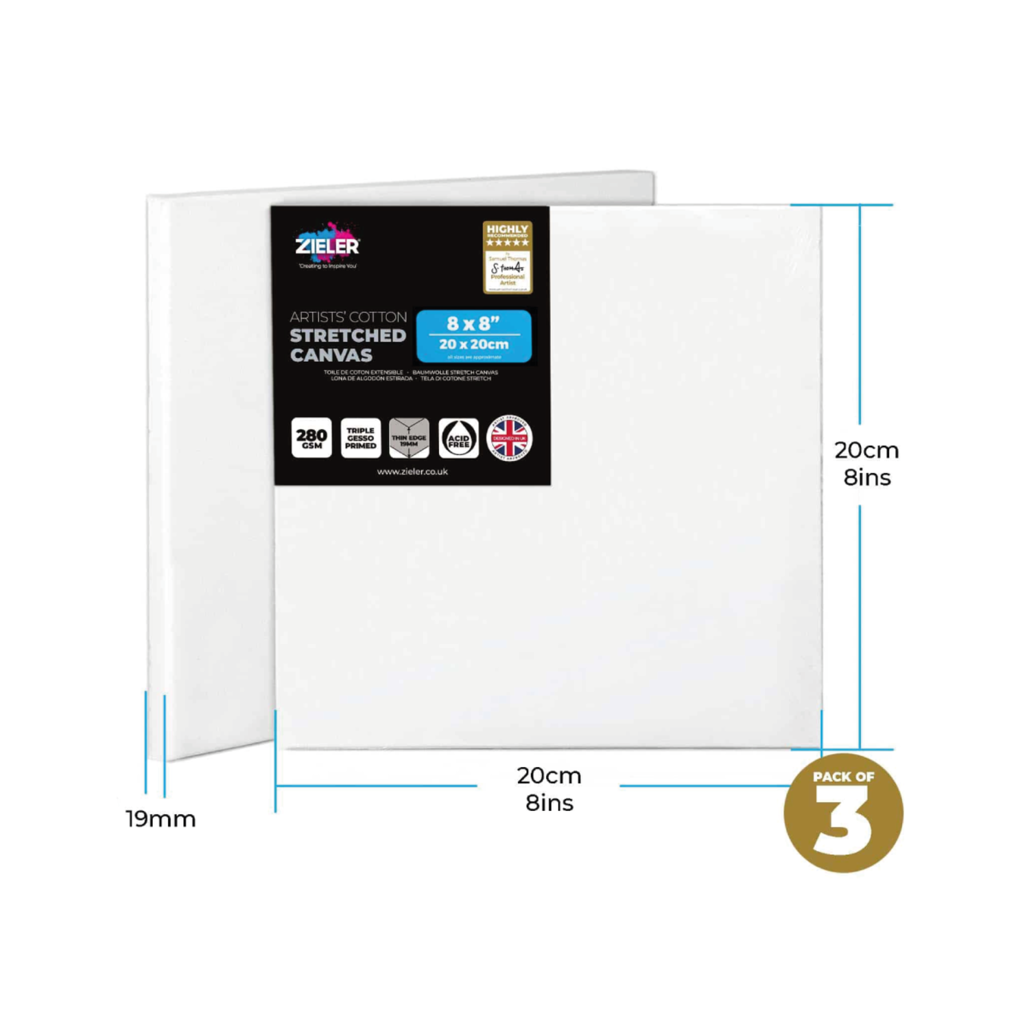 ZIELER PREMIUM KATOEN SCHILDERSDOEK 20X20CM SET 3X 2