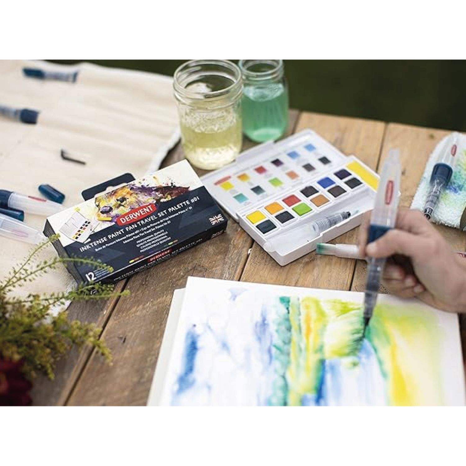 DERWENT INKTENSE AQUARELL REISE-SET 1 12 NÄPFCHEN + WASSERTANKPINSEL 4