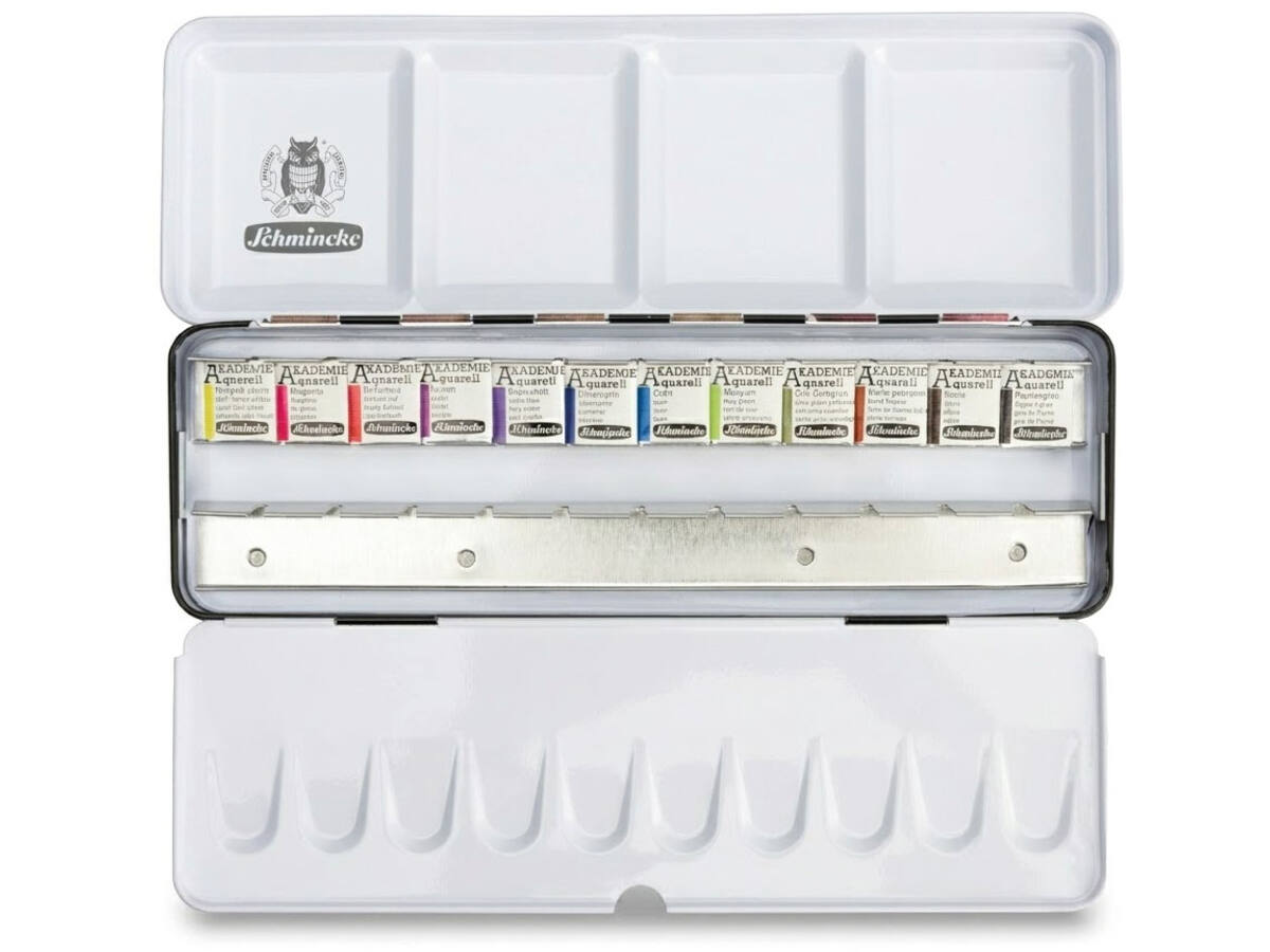 SCHMINCKE AKADEMIE AQUARELLFARBEN HYDRANGEA-KASTEN 12X1/2 NÄPFCHEN + 12 × LEER 2